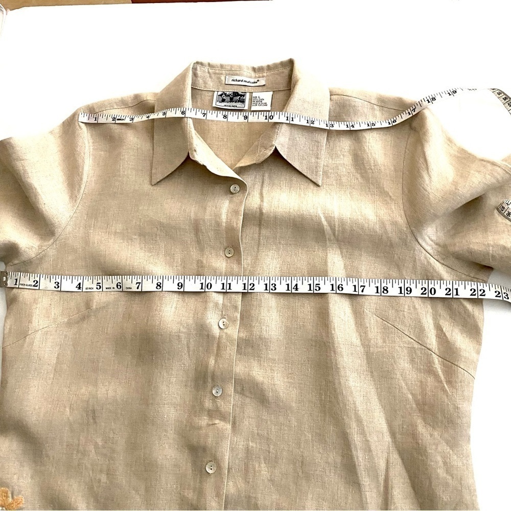 Tan Linen Button-down Top Sz Large Embroidered Floral Lagenlook Shirt Blouse - Picture 13 of 15